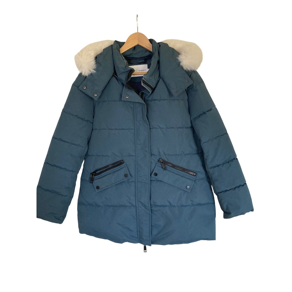 Rebecca Minkoff Teal Blue Quilted Puffer Coat Faux Fur Hood RM-0033 Size L